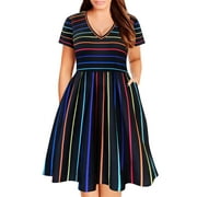 TIYOMI Plus Size Dress For Women 3X Short Sleeve Basic Raglan Elegant Stripe V Neck Summer Multicolor Casual Tie Waist Loose Fit Dress 3XL 22W 24W